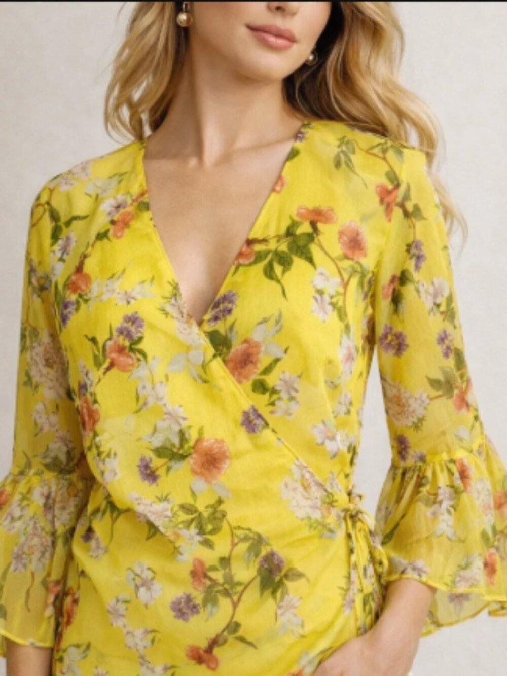 Lauren Ralph Lauren Yellow Floral Wrap Blouse Size M Bell Sleeve
